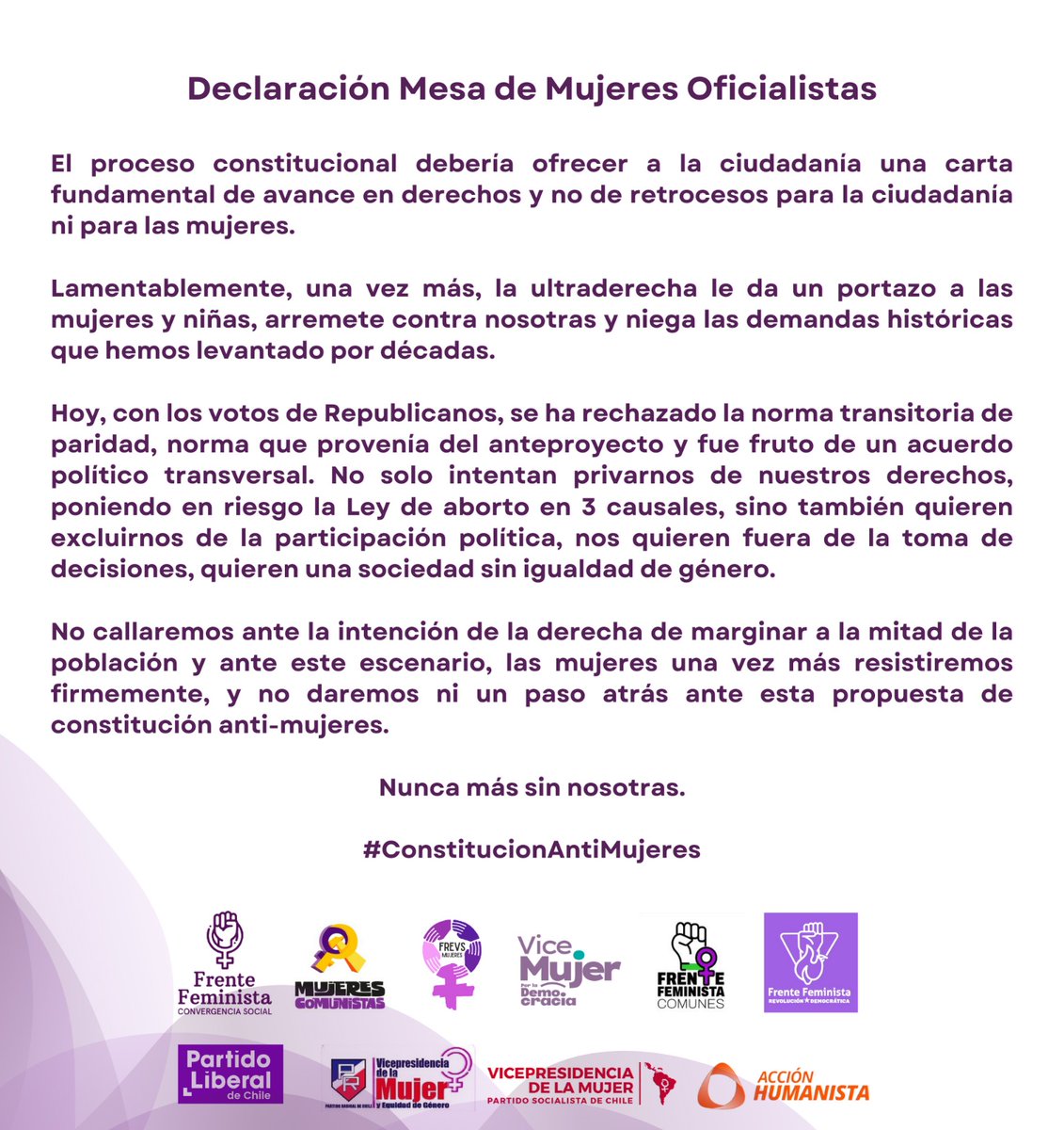 Una vez más, la derecha conservadora ignora las demandas históricas de nosotras las mujeres. Exigimos una carta fundamental que avance en derechos y no que retroceda. #ConstitucionAntiMujeres #NuncaMásSinNosotras.