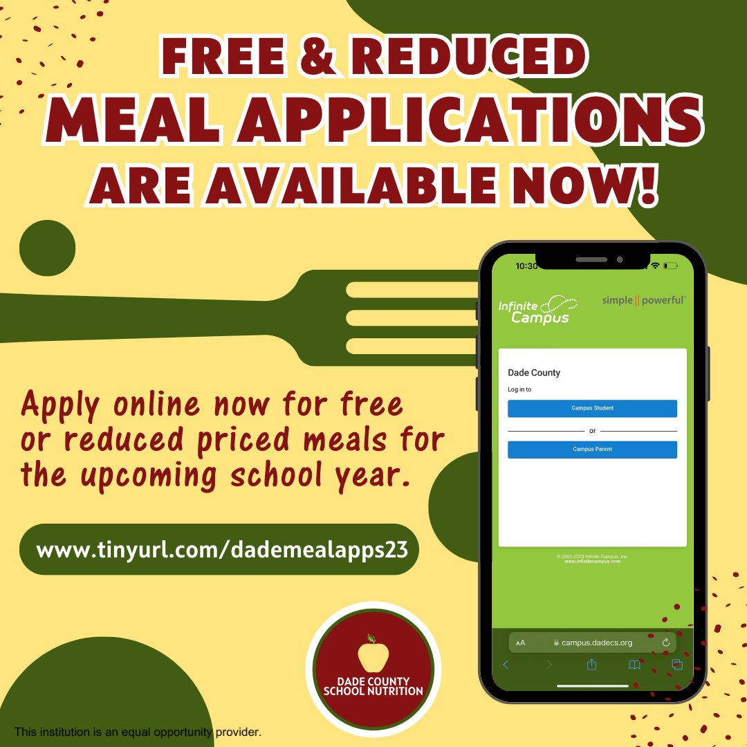 dadeconutrition's tweet photo. In order to possibly qualify for free and reduced meals, please fill out our meal benefit application: https://t.co/nGukufkvF5 https://t.co/cfhRtwSjNU