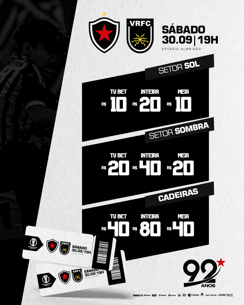 BotafogoPB's tweet photo. São 92 anos de um amor inabalável, e a chama da nossa paixão continua acesa! 🔥🖤 Hoje, sábado, e para sempre Botafogo!

Temos uma notícia importante: o preço do ingresso foi reduzido para o jogo decisivo!  
É a nossa chance de fazer história juntos mais uma vez. https://t.co/98tyiWGh9W