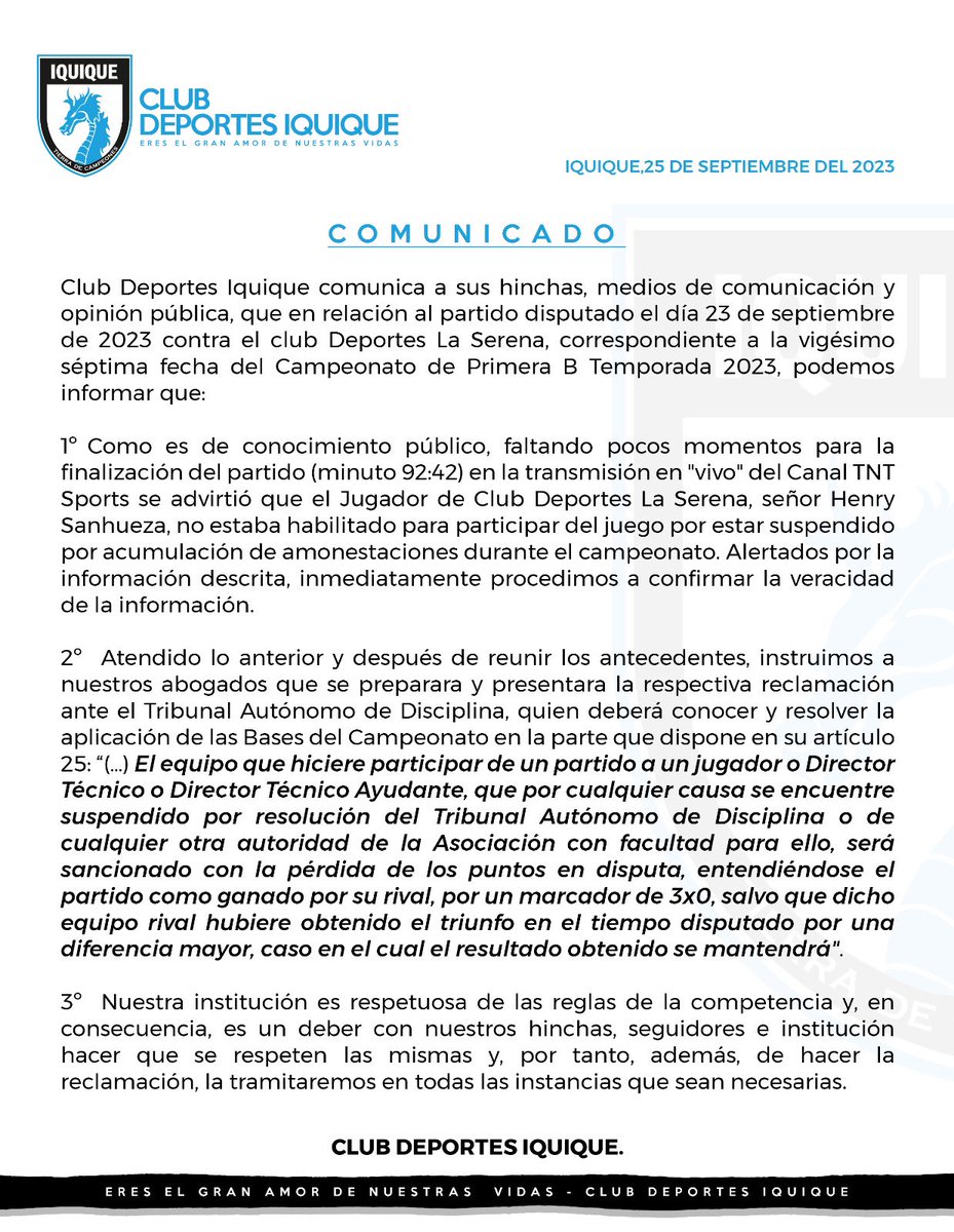 ClubDIquique's tweet photo. 📍COMUNICADO OFICIAL | Sobre denuncia presentada hoy al Tribunal de Disciplina de la ANFP 

#Iquique https://t.co/1KfVWIMqbJ