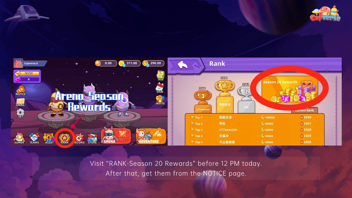 capinfra_io's tweet photo. Attention all Capversers!๐
The epic showdown of Capverse Arena S20 has come to an exhilarating end! ๐
Congratulations to our victorious players! ๐
It's time to seize those hard-earned rewards and gear up for the next thrilling season! ๐ช๐ #PlayToEarn #VictoryUnleashed https://t.co/EVdOgyWJ9G