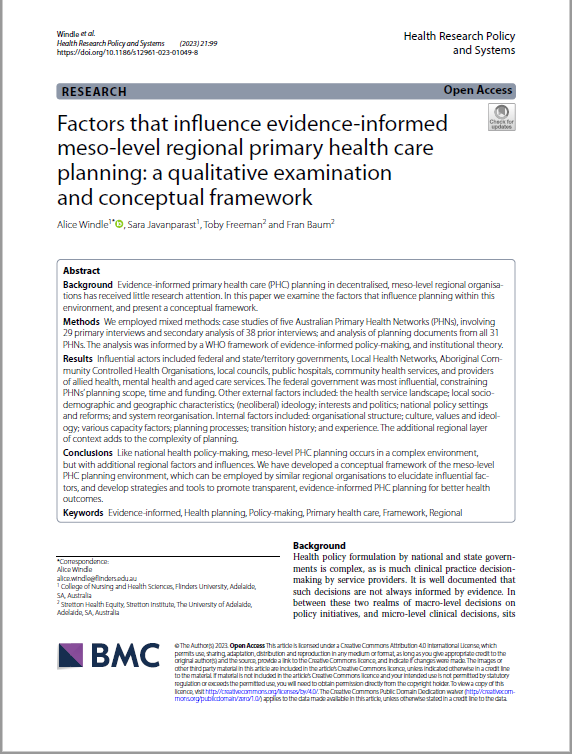 alice_windle's tweet photo. Fantastic to see this paper from my #PhD published today in HRPS! We present a framework of the complex array of factors that influence #evidence-informed #PHC planning in #PHNs. @Flinders @JavanparastSara @drtobyfreeman @baumfran https://t.co/hK4RIToYZ1 https://t.co/g7lo4At2D0