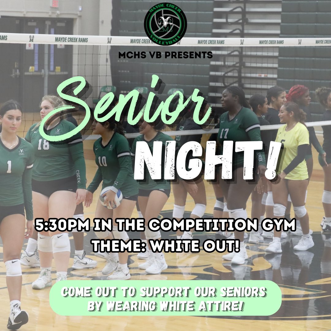 theramrowdies's tweet photo. Tomorrow is Senior Night for the volleyball girls! It is also an appreciation game for all of our Texas Officials! We expect everyone to show out wearing white attire to support the senior volleyball players! #mchs #rpnd https://t.co/pd1sgxNcnn