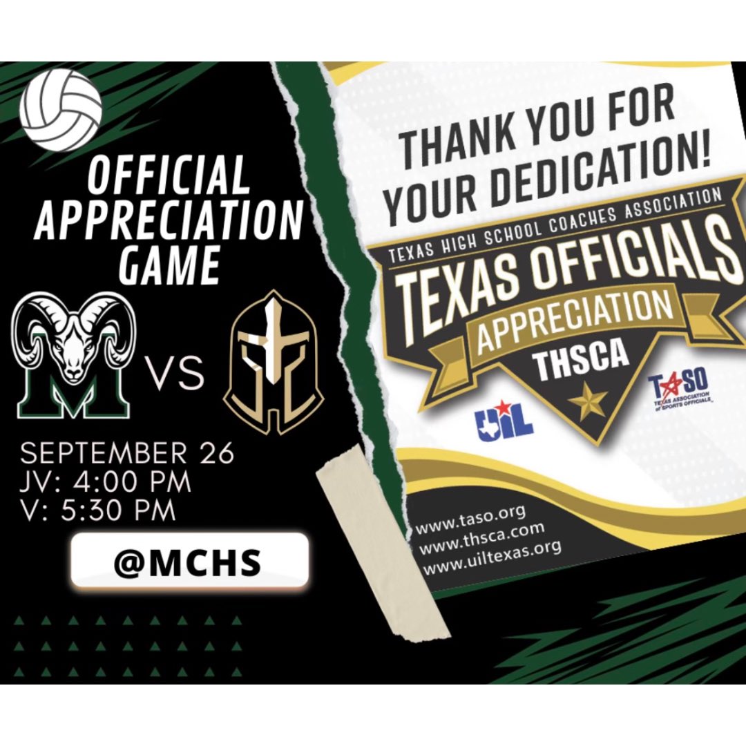 theramrowdies's tweet photo. Tomorrow is Senior Night for the volleyball girls! It is also an appreciation game for all of our Texas Officials! We expect everyone to show out wearing white attire to support the senior volleyball players! #mchs #rpnd https://t.co/pd1sgxNcnn