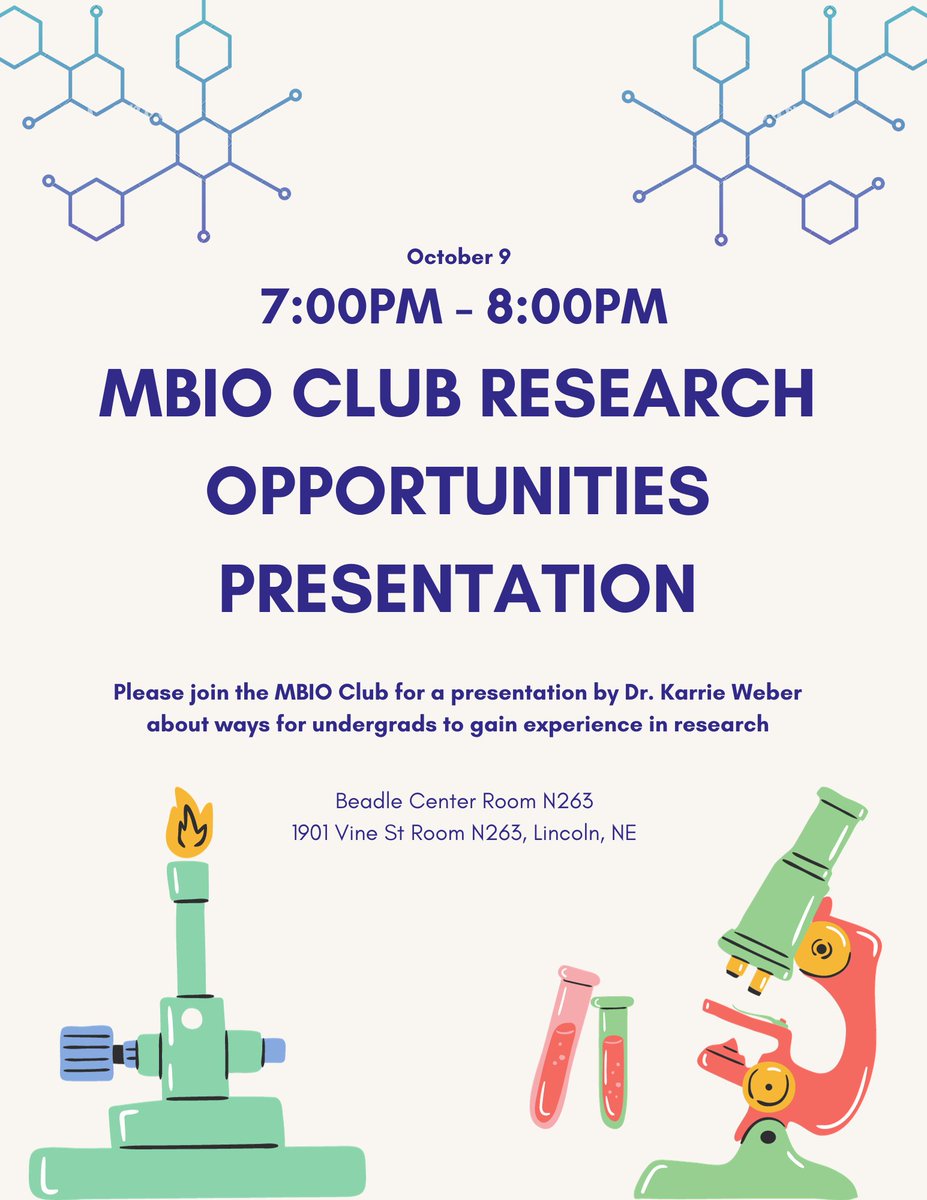 MicrobioUnl's tweet photo. Mark your calendars. October 9 from 7-8pm Dr. Karrie Weber will be giving a presentation about how undergrads can gain experience in research. You won't want to miss it! https://t.co/S5svczBsz5