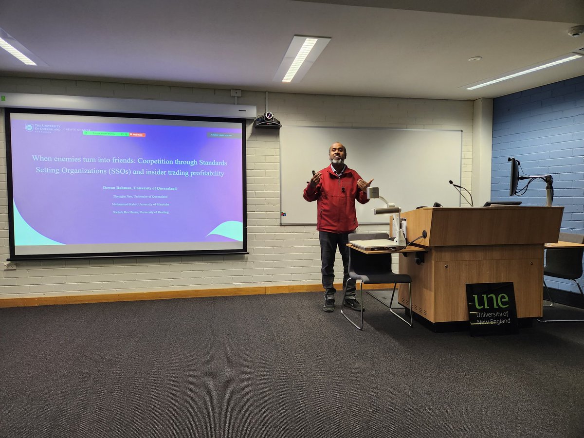 Very interesting UNEBS Seminar @UniNewEngland of Dr Dewan Rahman (UQ Business School) on Coopetition through Standards Setting Organisations and insider trading profitability.