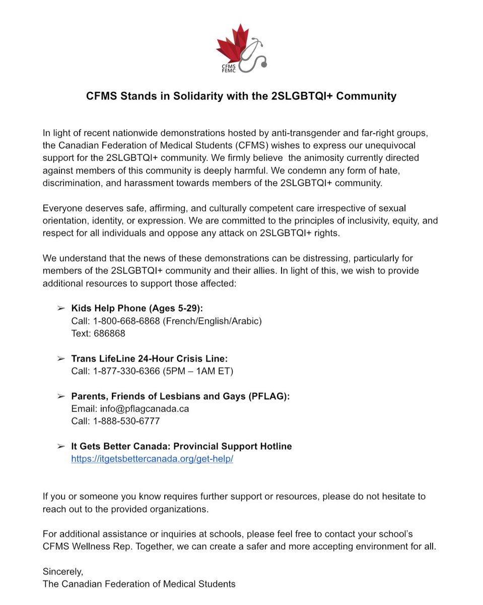 CFMSFEMC's tweet photo. CFMS strongly supports the 2SLGBTQI+ community in the wake of recent anti-trans demonstrations. Together, we stand against hate.
🔗 https://t.co/8IphhPTzQS https://t.co/DTDusG5Mha