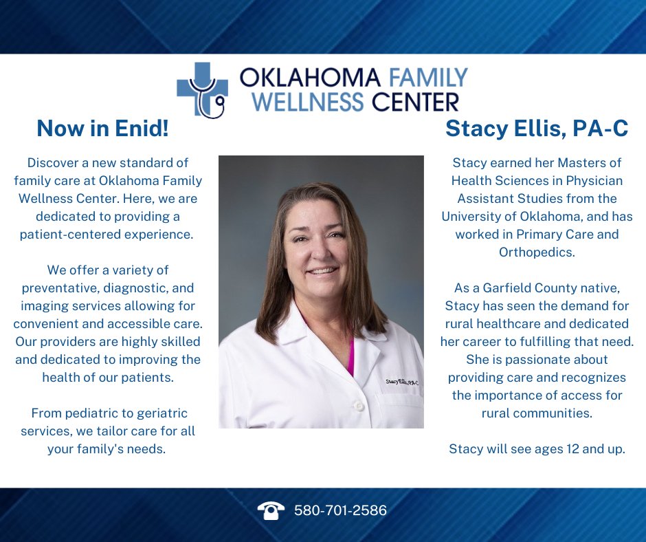 Oklahoma Arthritis Center welcomes Stacy Ellis, PA-C to Oklahoma Family Wellness Center in Enid!
Together in Healthcare.
okarthritis.com
okinfusion.com