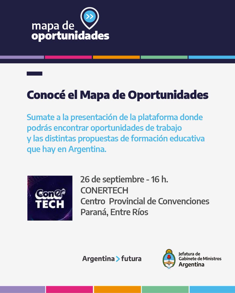 juventudninezer's tweet photo. Mapa de oportunidades.

💡Sumate a la presentación de la plataforma donde podrás encontrar oportunidades de trabajo y las distintas propuestas de formación educativa que hay en Argentina.

📅 26 de septiembre
📍Centro Provincial de Convensiones
⏲️16 hs https://t.co/4F3d3kHl9N
