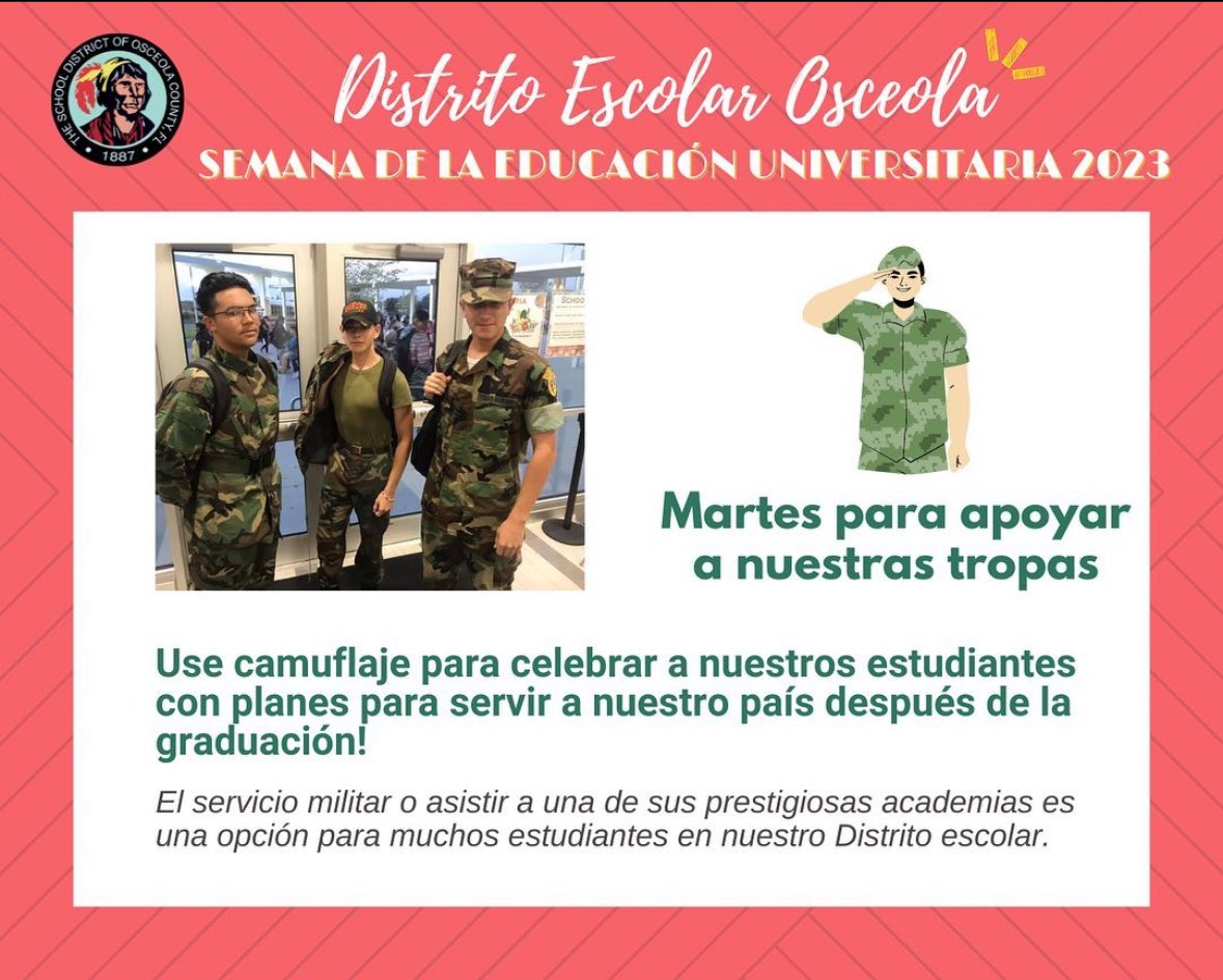 Mañana celebramos a nuestros estudiantes que planean alistarse en el ejército, que es la segunda E en los planes postsecundarios #SDOC4E. ¡Mostrémosles algo de ❤️ usando camisetas de camuflaje o militares!

#enlist #enroll #employ #explore #sdoc4e #collegeweek23 #voteanthonycook