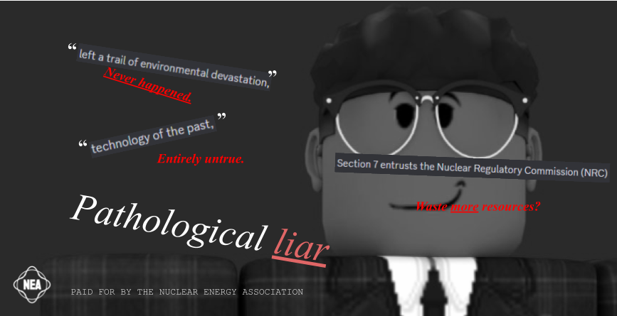 Mr.Shore, in his unprecedented attack on America's industry, claims nuclear energy is a technology of the past.
It isn't necessary to explain how outrageously wrong this statement is.
He then proceeds to waste more government resources (which we do not have) establishing the NRC.