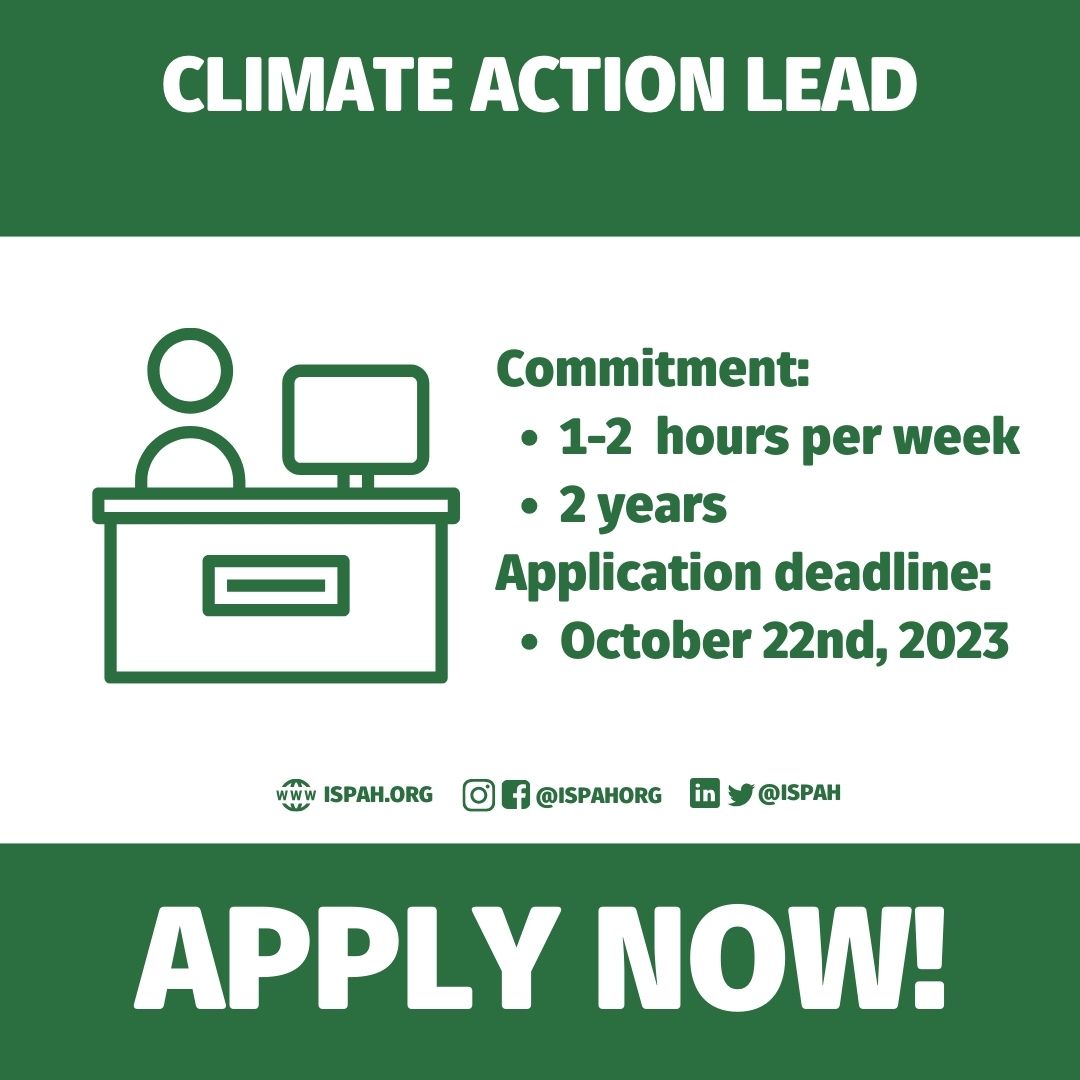 🚨 New Open Vacancy- Climate Action Lead🚨 

✅ Interested in leading work on minimising the society’s carbon footprint? 

✅ Want to get involved with ISPAH? 

📢 Now is your chance! 

👉 For more information and to apply 🔗: ispah.org/vacancies/