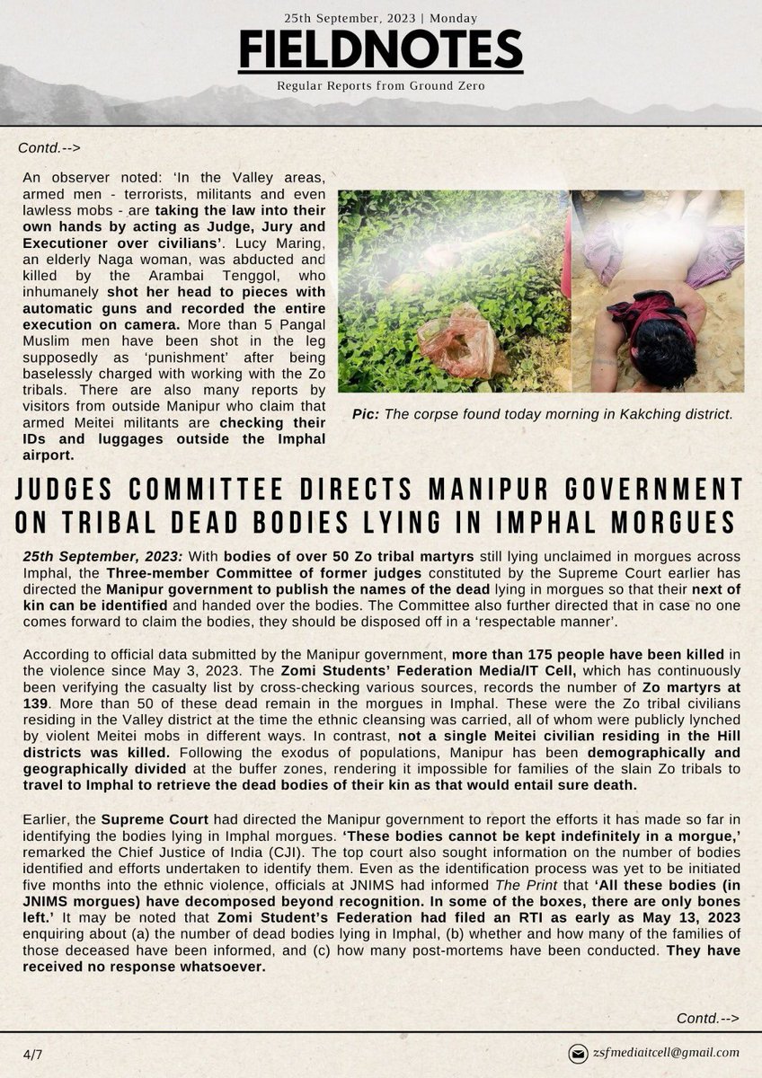 BlissAmbassador's tweet photo. 🟩FIELDNOTES
Regular Reports from Ground Zero

  🟨NIA SOUNDS ALARM OVER TRANSNATIONAL CONSPIRACY INVOLVING MEITEI TERRORISTS

🟥THE TERRORIST DIMENSION TO MANIPUR VIOLENCE

⬛️ANOTHER GRUESOME MURDER CASE IN THE VALLEY DISTRICTS SURFACES

🟩JUDGES COMMITTEE DIRECTS MANIPUR GOVERNMENT ON TRIBAL DEAD BODIES LYING IN IMPHAL MORGUES

🟨A PROLONGED GRIEF

🟥MORE CENTRAL SECURITY FORCES DEPLOYED IN MANIPUR

SOURCE : @zsfghq_official 

Our demand for separate administration stands strong and resolute. It is the only viable solution to protect our community, preserve our culture, and ensure lasting peace in Manipur. It's time for truth, justice, and a future free from falsehood.

#StateSponsoredViolenceAgainstKukiZo
 #ManipurViolence 
#MeiteiAggression  
#Meiteilieexpose
#ManipurBurning
#ManipurHorror 
#ManipurEthnicCleansing
#ZO_UNITED
#SeparateAdministrationOnlySolution  
@RapporteurUn @MelissaFleming @IndianExpress @thewire_in  @newslaundry @AJEnglish @timesofindia @htTweets  @PTI_News @amnestysasia  @rashtrapatibhvn @LiveLawIndia @barandbench @priyankagandhi  @TribalAffairsIn @narendramodi @UN @UNICEFIndia @UNICEF @unwomenindia @UNHumanRights @INCIndia @min_homeaffairs @easterncomd @TheDeshBhakt @TheQuint @CNN @ashoswai @rwac48 @AJENews @Jairam_Ramesh @afridahussai @ravishndtv @dhruv_rathee   @abhisar_sharma @HansrajMeena
