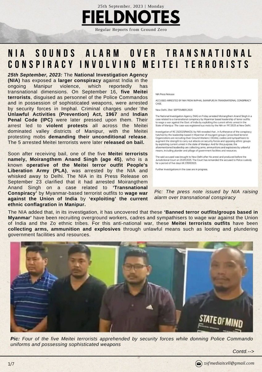 BlissAmbassador's tweet photo. 🟩FIELDNOTES
Regular Reports from Ground Zero

  🟨NIA SOUNDS ALARM OVER TRANSNATIONAL CONSPIRACY INVOLVING MEITEI TERRORISTS

🟥THE TERRORIST DIMENSION TO MANIPUR VIOLENCE

⬛️ANOTHER GRUESOME MURDER CASE IN THE VALLEY DISTRICTS SURFACES

🟩JUDGES COMMITTEE DIRECTS MANIPUR GOVERNMENT ON TRIBAL DEAD BODIES LYING IN IMPHAL MORGUES

🟨A PROLONGED GRIEF

🟥MORE CENTRAL SECURITY FORCES DEPLOYED IN MANIPUR

SOURCE : @zsfghq_official 

Our demand for separate administration stands strong and resolute. It is the only viable solution to protect our community, preserve our culture, and ensure lasting peace in Manipur. It's time for truth, justice, and a future free from falsehood.

#StateSponsoredViolenceAgainstKukiZo
 #ManipurViolence 
#MeiteiAggression  
#Meiteilieexpose
#ManipurBurning
#ManipurHorror 
#ManipurEthnicCleansing
#ZO_UNITED
#SeparateAdministrationOnlySolution  
@RapporteurUn @MelissaFleming @IndianExpress @thewire_in  @newslaundry @AJEnglish @timesofindia @htTweets  @PTI_News @amnestysasia  @rashtrapatibhvn @LiveLawIndia @barandbench @priyankagandhi  @TribalAffairsIn @narendramodi @UN @UNICEFIndia @UNICEF @unwomenindia @UNHumanRights @INCIndia @min_homeaffairs @easterncomd @TheDeshBhakt @TheQuint @CNN @ashoswai @rwac48 @AJENews @Jairam_Ramesh @afridahussai @ravishndtv @dhruv_rathee   @abhisar_sharma @HansrajMeena