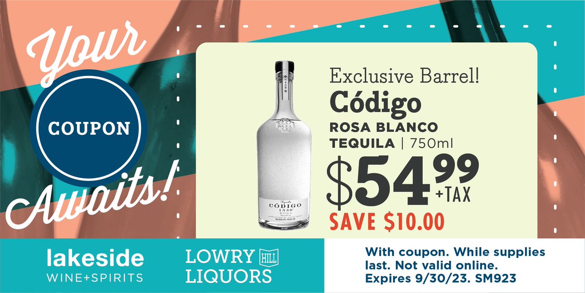 LowryHillLiquor's tweet photo. Save $10.00 on our exclusive bottle of @codigo1530 Rosa Blanco Tequila 750ml bottles throughout the month of September with this virtual coupon while supplies last!
#codigo1530 #tequila #rosa #blanco #shots #margarita #september #cheers https://t.co/fr1Sgh4eFy