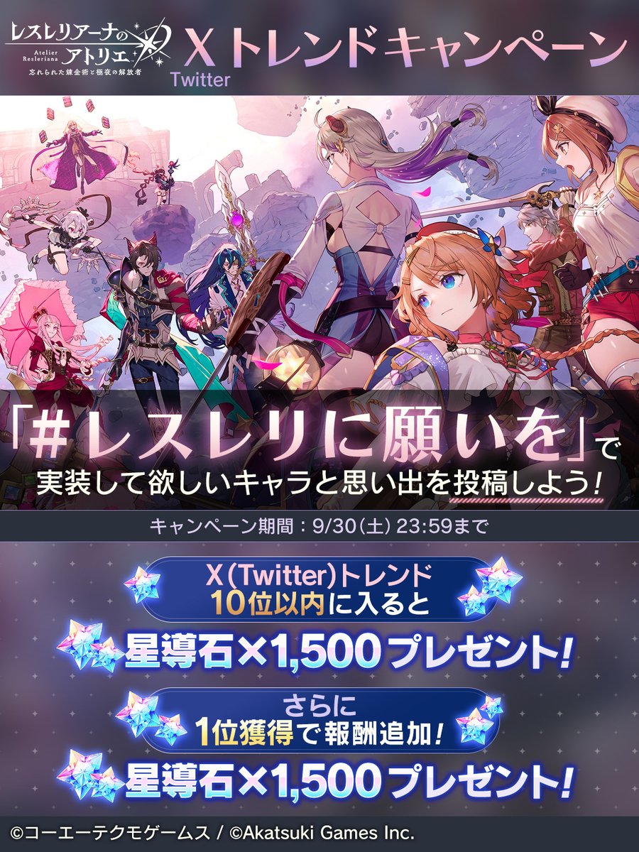 Atelier_Resleri's tweet photo. ／
📢
X(Twitter)
トレンドキャンペーン開催！
＼

今日はみなさまにお願いがございます！
「#レスレリに願いを」を付けて、実装して欲しいキャラと思い出をぜひご投稿ください！

Xのトレンド10位以内に入ると、星導石×1500、
1位獲得でさらに星導石×1500を追加でプレゼントします！🌟

#レスレリ https://t.co/KZL8gQP1Ac