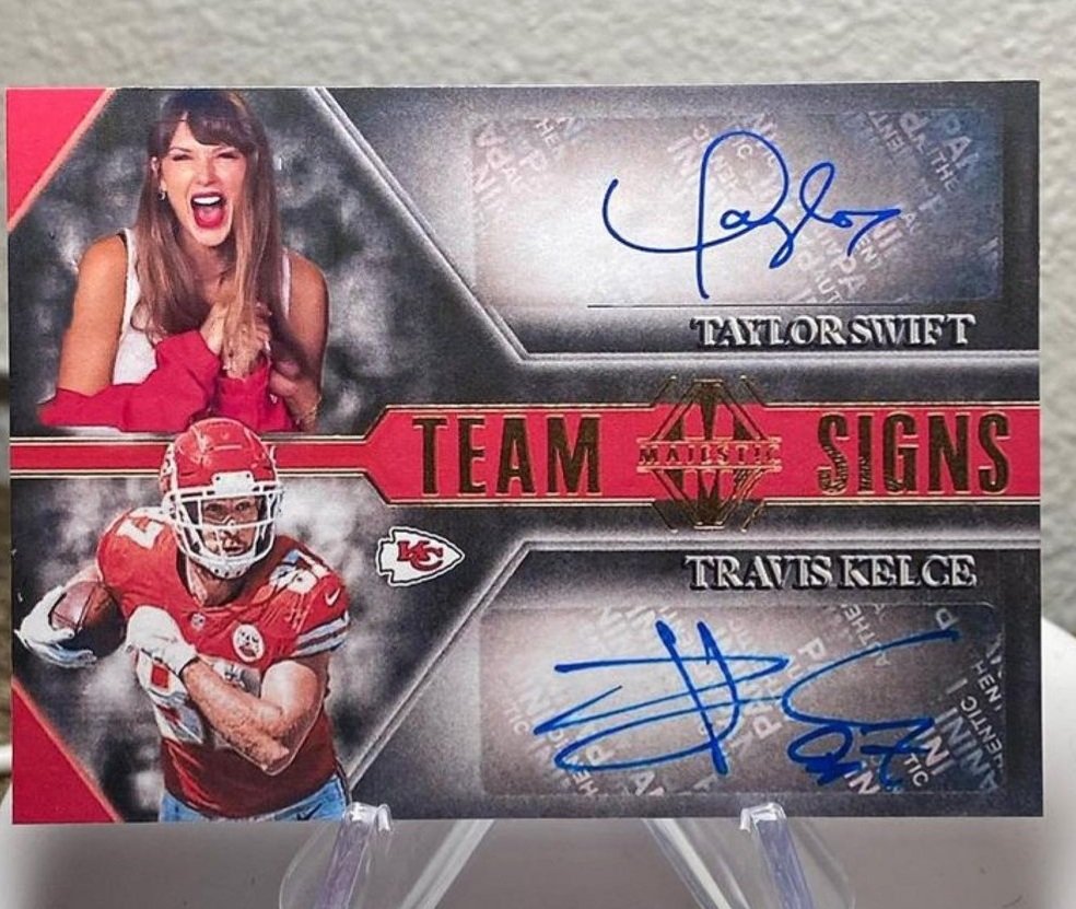 If Taylor Swift ends up buying the Chiefs and We win the Super Bowl... Ill send one lucky fan who follows and retweets this this one of one Swift/Kelce autographed card #ChiefsKingdom #GetSwifty #GreenGiantVegetables