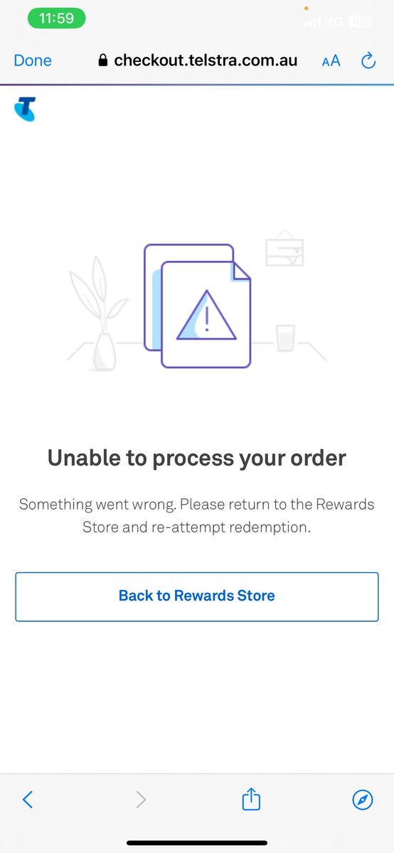 caitythe1975's tweet photo. @Telstra Trying to redeem some of my rewards points to order the new iPhone 15 pro max and I get all the way through check out and keep getting this error message! No one in store or on the phone can seem to help! https://t.co/MRUkdTHy5a