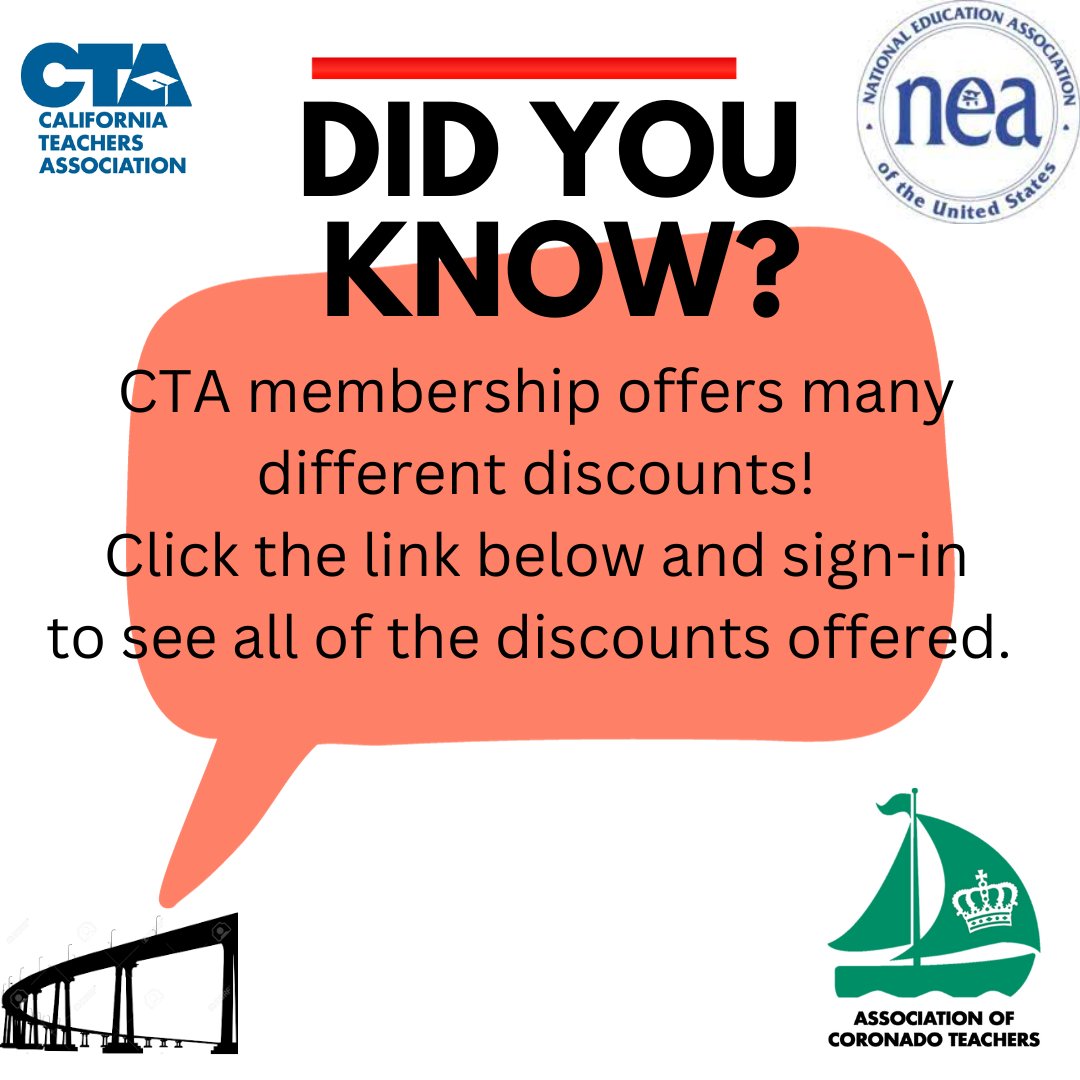 nadoACT's tweet photo. When was the last time you signed into CTA Benefits to see what discounts your CTA membership gives you? Go to: https://t.co/IF9rHib3Ge and click the, "Access to Savings" button. Then, sign into your CTA account- email coronadoteachers@gmail.com for help!
#WeAreACT #WeAreCTA https://t.co/WjbJmb3WYe