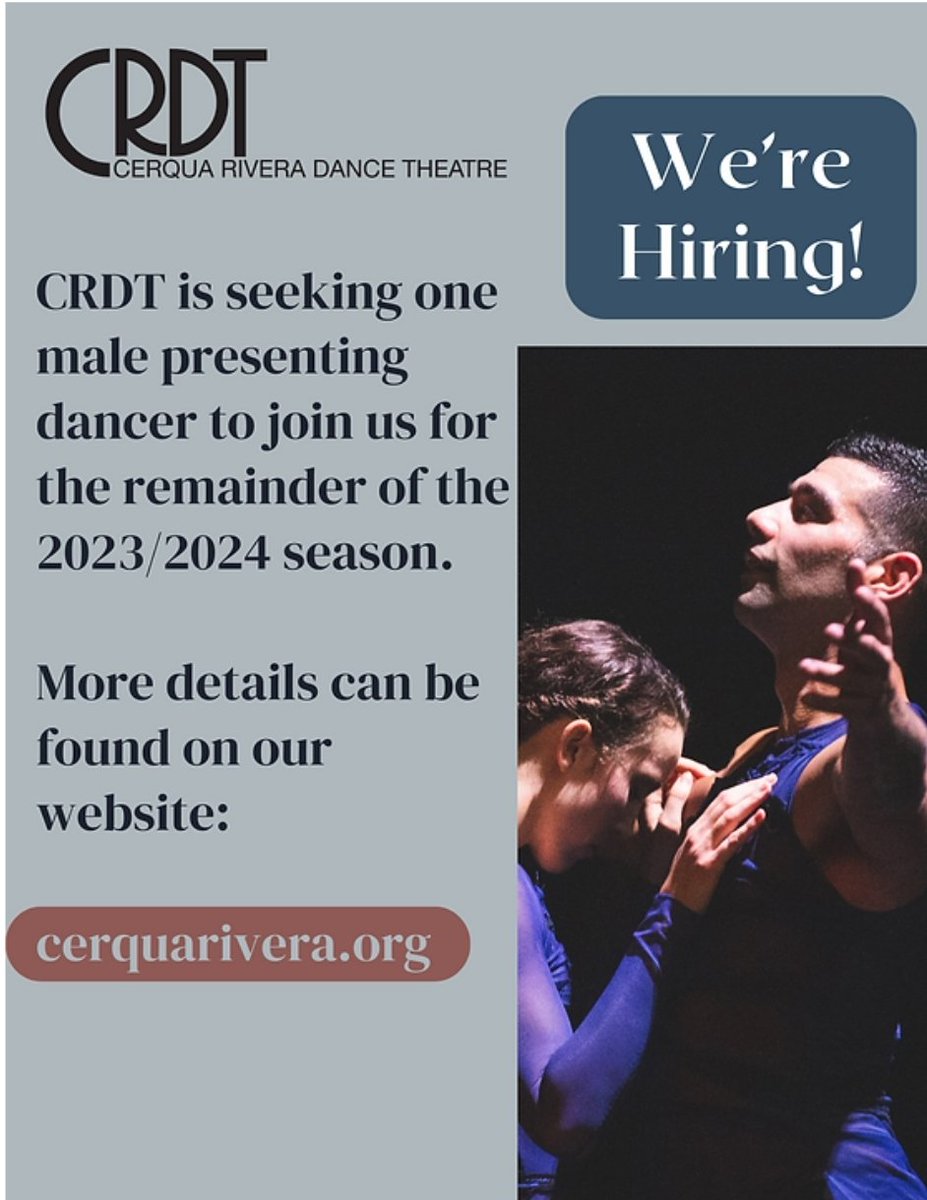 Wilfredo Rivera (@wrcrdt) on Twitter photo We’re hiring dancers! <a href="/CerquaRivera/">CerquaRiveraDancThtr</a>
is a critically acclaimed, multicultural organization recognized for its diverse, equitable, inclusive art making and high quality performances. Seeking seasoned, professional, mid-career or early career dancer.
cerquarivera.org/audition We’re hiring dancers! <a href="/CerquaRivera/">CerquaRiveraDancThtr</a>
is a critically acclaimed, multicultural organization recognized for its diverse, equitable, inclusive art making and high quality performances. Seeking seasoned, professional, mid-career or early career dancer.
cerquarivera.org/audition