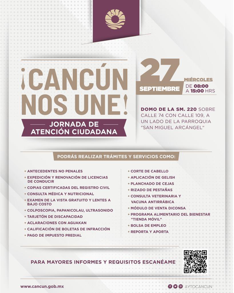 anapatyp's tweet image. Cancunenses, el miércoles 27 de septiembre les espero en el domo deportivo de la SM 220 en una edición más de la Jornada de Atención Ciudadana Cancún Nos Une. 

Consulta los requisitos en: cancun.gob.mx/cancun_nos_une…

#CancúnNosUne 🤝