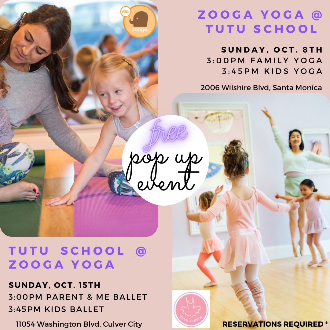 Zoogayoga's tweet photo. We’re thrilled to be partnering with Tutu School in #SantaMonica for FREE pop-up #kidsclasses in October! 🩰 

Yoga sign up: https://t.co/NKS4wfvA2f
Ballet sign up: https://t.co/OLlpcGomzQ

#ZoogaYoga #TutuSchool #KidsYoga #KidsBallet #FamilyYoga #Ballet #Yoga #ParentAndMe https://t.co/ivuv47t5PM