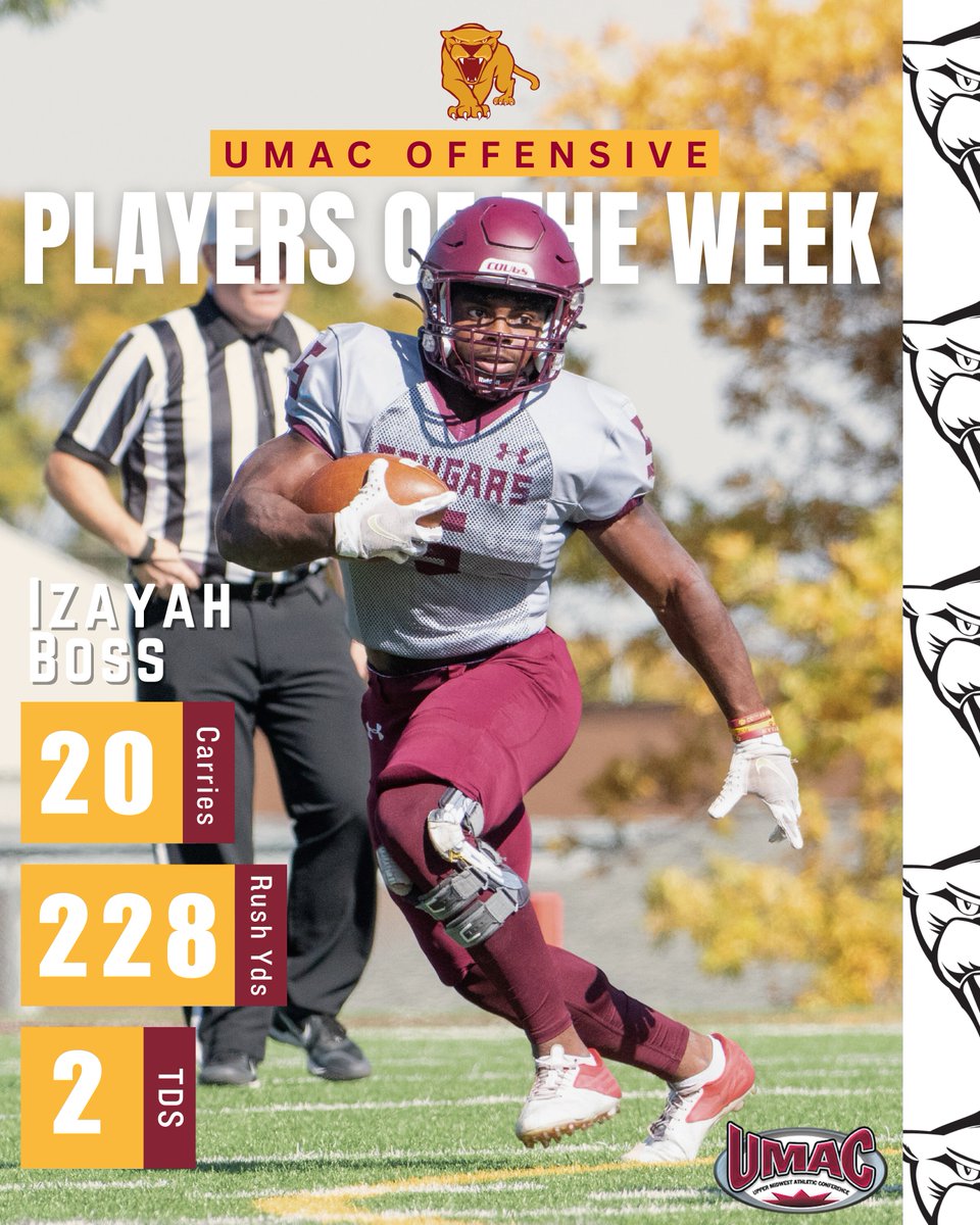 Izayah Boss earned UMAC Offensive Player of the Week honors for his performance last weekend!

Link - morriscougars.com/news/2023/9/25…

#TEAM #RollCougs🐾