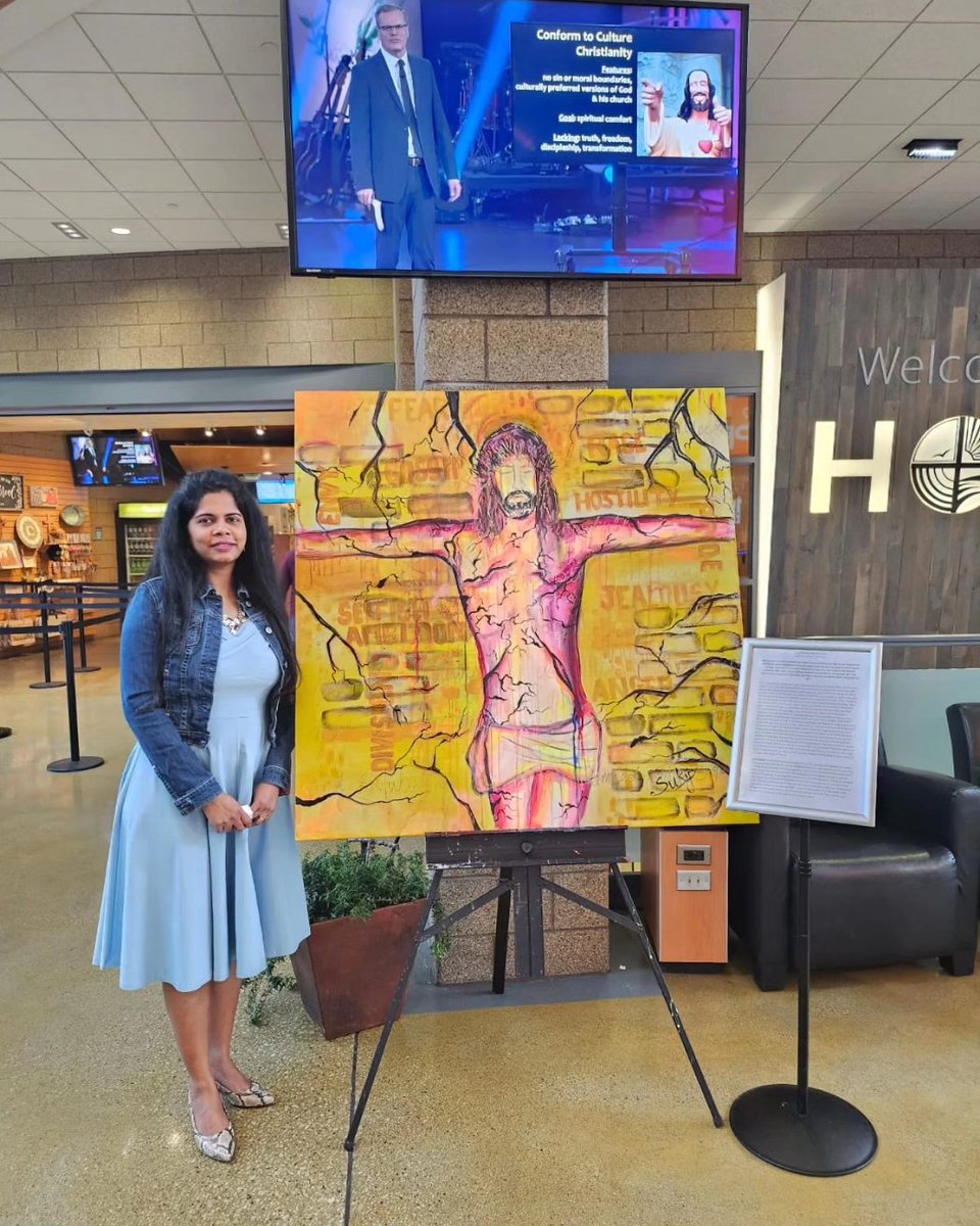My art is on display, and I am the featured artist of the week. This is  at a local church. A huge honor and blessing. 😇❤️
#churchart #liveart #artdisplay #irlart #scriptureinspired #bibleinspired #jesusart #originalart #acrylicpainting
#familyfriendlyart