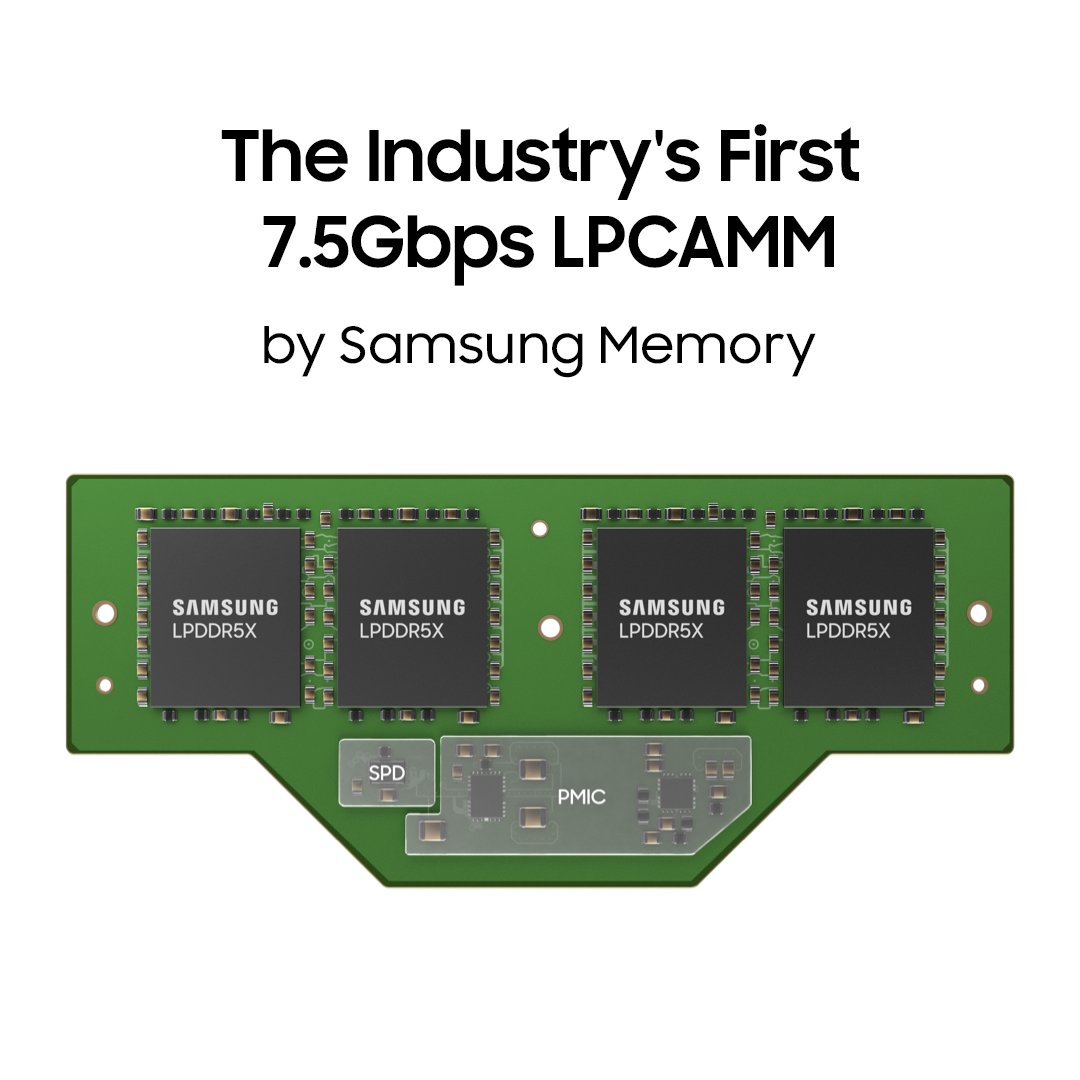 SamsungDSGlobal's tweet photo. #SamsungMemory has developed the industry’s first 7.5Gbps Low Power Compression Attached Memory Module (#LPCAMM). Based on #LPDDR, LPCAMM is easy to replace and upgrade, increasing flexibility and convenience for users and manufacturers alike. Learn more. https://t.co/g03PCRsX2d https://t.co/BADYPCnZOy