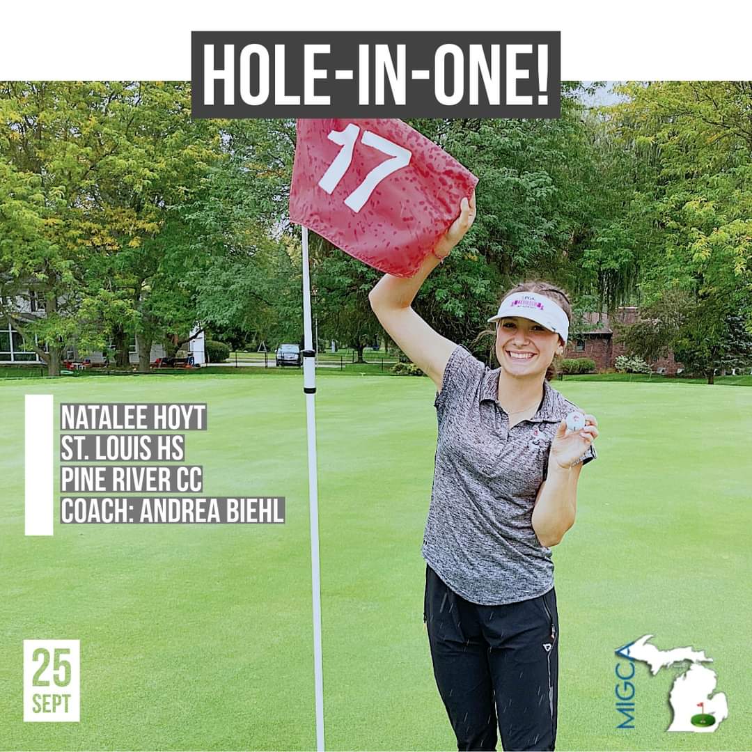 migcagolf's tweet photo. St. Louis senior Natalee Hoyt made a perfect swing on her second hole today at the Alma Panther Classic at Pine River Country Club. She aced the 120-yard 17th hole with her 9-iron! She finished with a 93.
Congratulations, Natalee!
She is coached by Andrea Biehl. https://t.co/9FLiZa88ow
