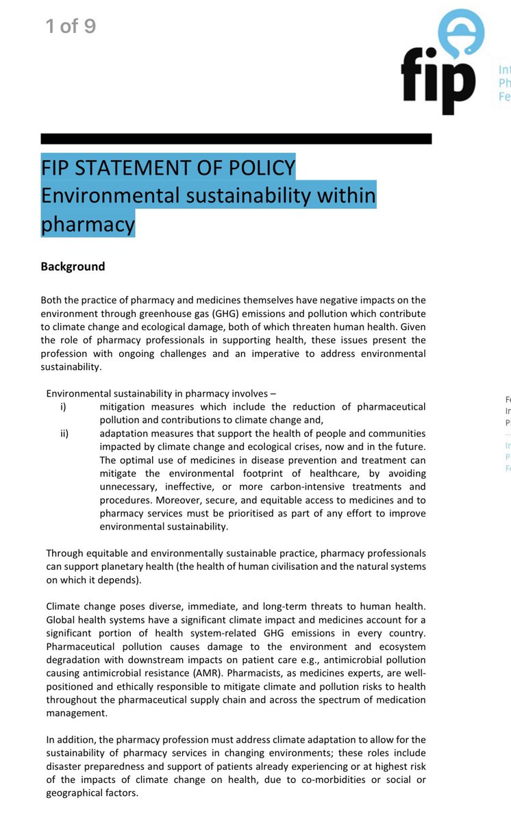 Rx4Climate's tweet photo. New @FIP_org policy on environmental #sustainability in #pharmacy is hot off the interwebs -> https://t.co/q7ykOHVVuj. Let this be your guide! https://t.co/HlsoyZRb4j