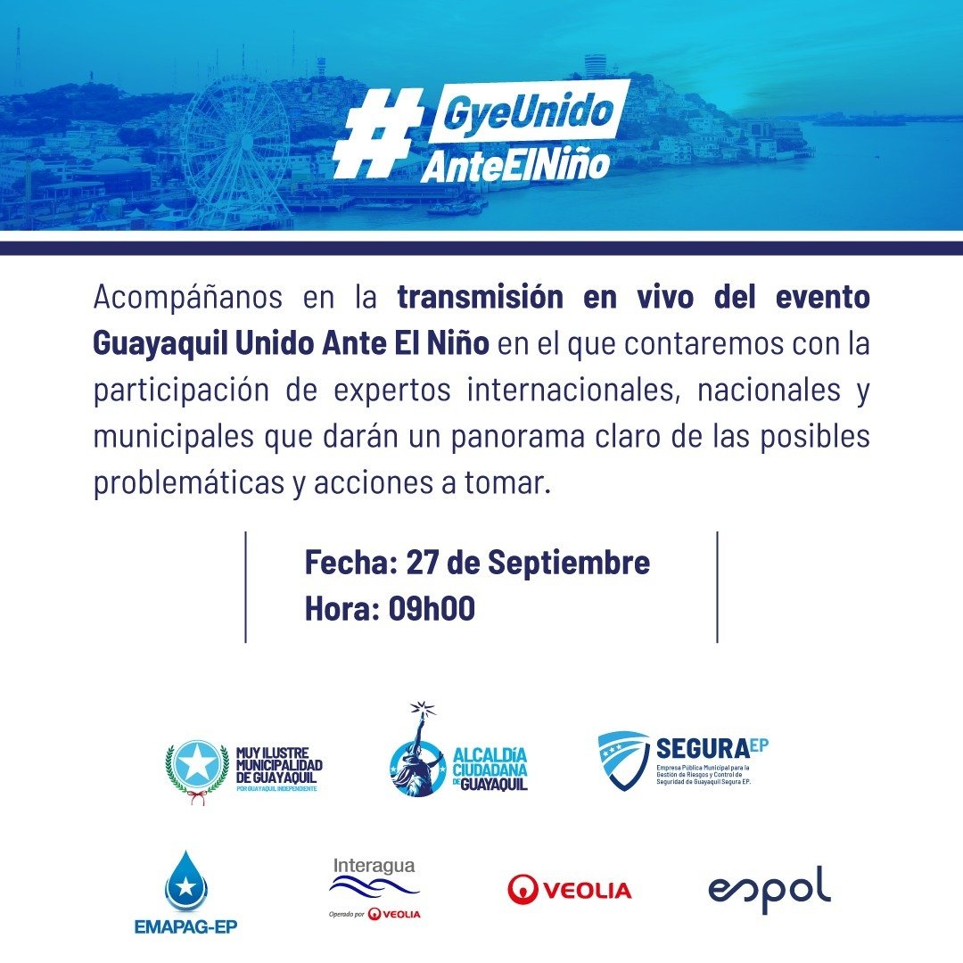 interagua's tweet photo. ¡Únete al foro Repercusiones del Fenómeno El Niño!
Expertos nos brindarán un panorama sobre las posibles problemáticas y acciones a tomar. 🌎
🗓️Fecha: 27 de septiembre - 09h00
📹Transmisión: https://t.co/qf7cWTjq9x
¡Te esperamos!
#Interagua #FenómenoElNiño https://t.co/GtNPcUHiCn
