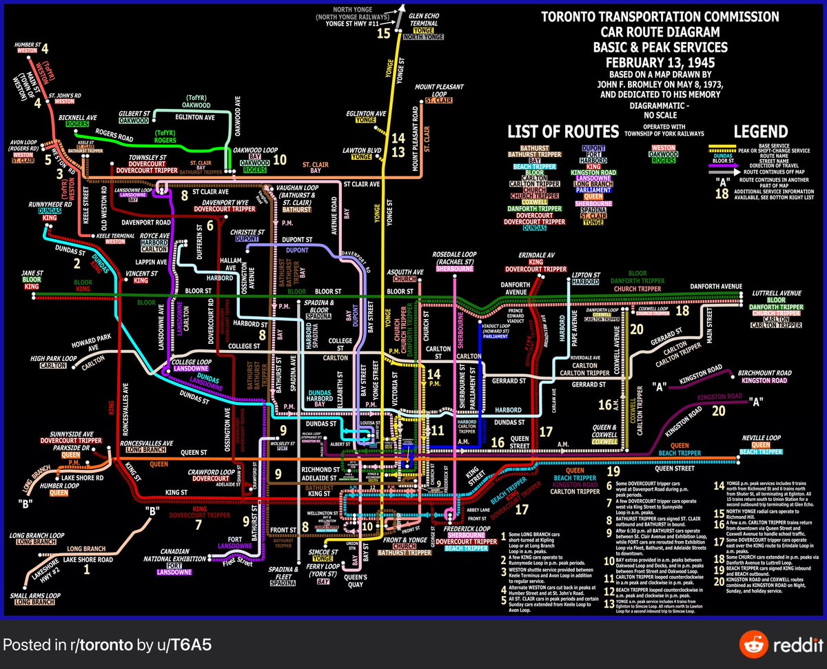 Someone made a map of Toronto’s streetcar routes from 1945.

This is what we used to have. Then we tore up most of the tracks so corporations could get rich selling cars, oil, and rubber tires instead.

blogto.com/city/2020/01/m…
