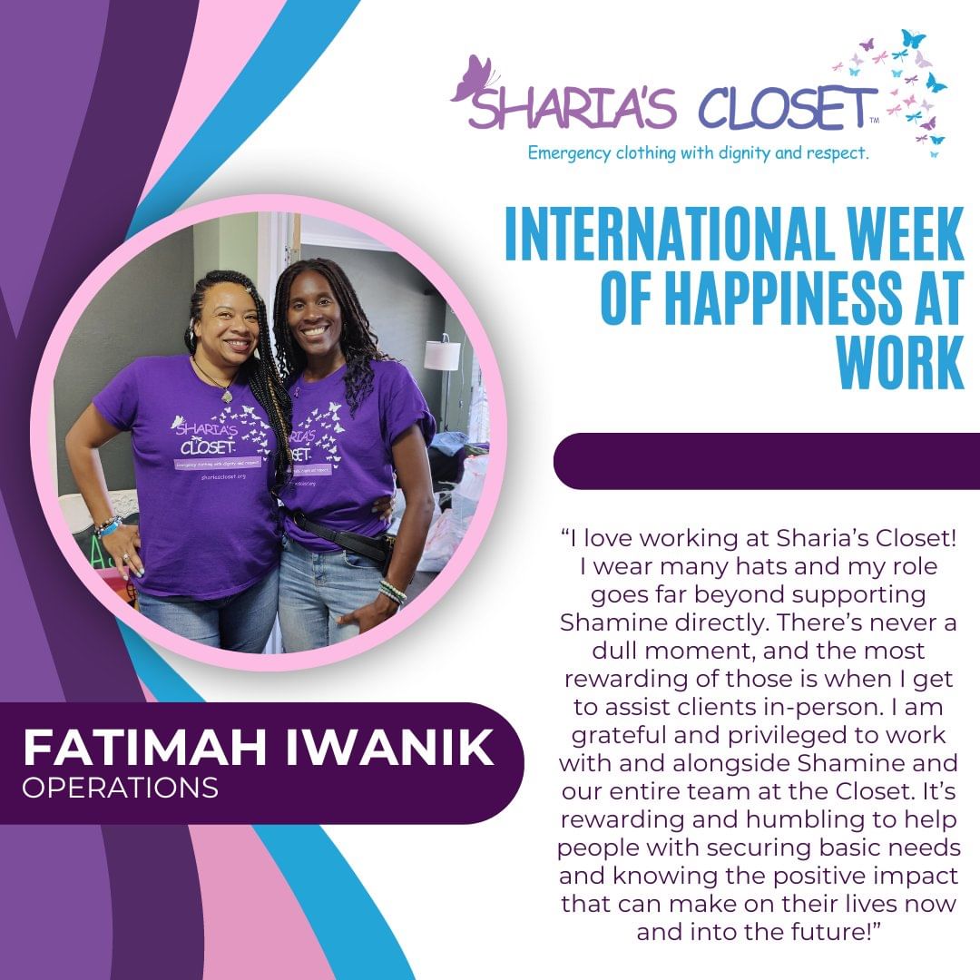 Thank you, Fatimah, for everything that you do for Sharia's Closet! We appreciate you! 😊💜🦋

#internationalweekofhappinessatwork #happyemployees #NationalDaughtersDay #sandiegononprofits #leadership