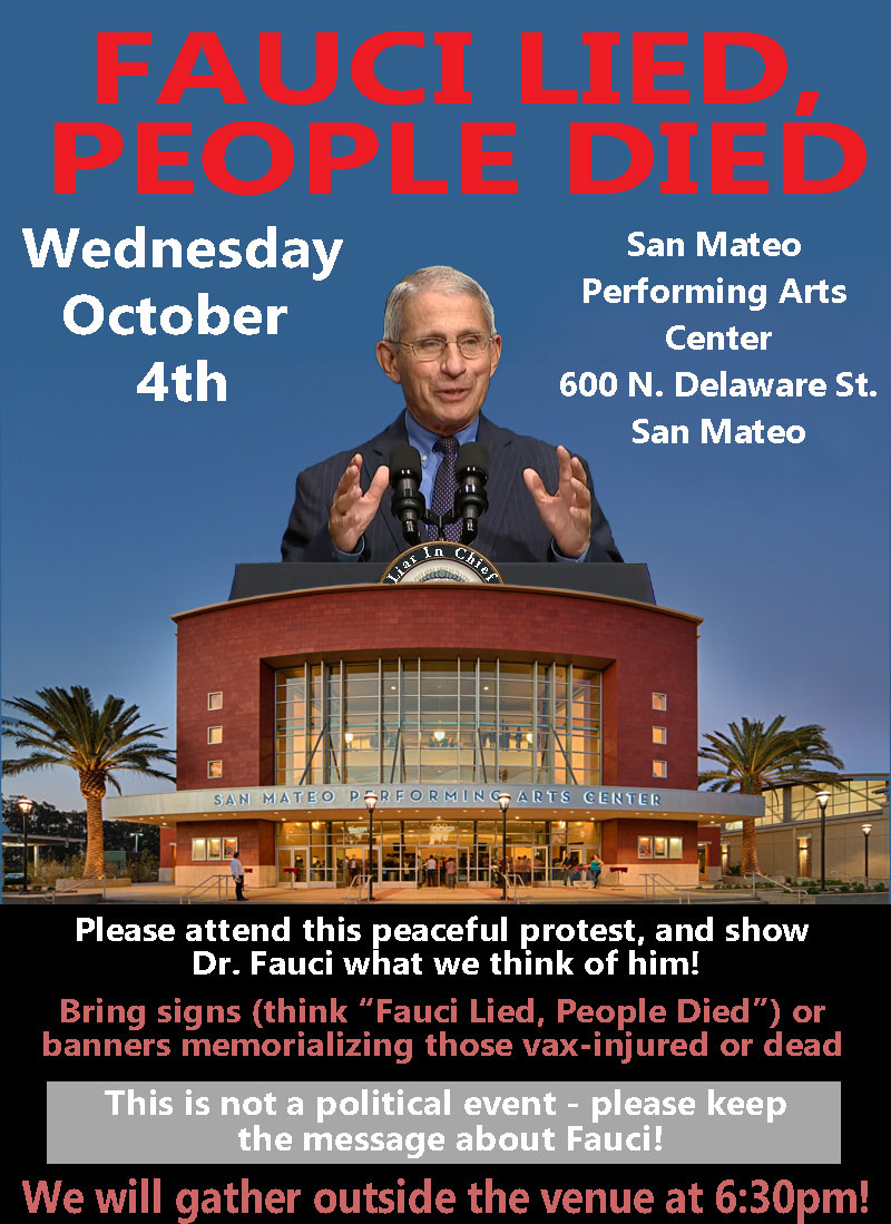 Attention #HealthFreedom fighters in the #SF Bay Area: Join our peaceful protest against Fauci 👹 Oct.4th
#FauciLiedPeopleDied 
🛑💉🆘☠️🚫 
#StopTheShots 
#ModernDayMengele #Nuremberg2 #FelonyFraud #AgencyCapture
@ColleenTurrell  @ControlGroup8  @unjected  @DrJBhattacharya