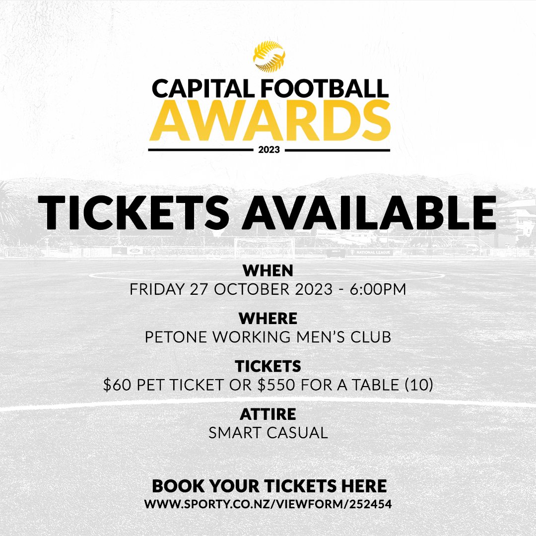 𝐂𝐚𝐩𝐢𝐭𝐚𝐥 𝐅𝐨𝐨𝐭𝐛𝐚𝐥𝐥 𝐀𝐰𝐚𝐫𝐝𝐬 𝟐𝟎𝟐𝟑 | 𝐓𝐢𝐜𝐤𝐞𝐭𝐬 𝐀𝐯𝐚𝐢𝐥𝐚𝐛𝐥𝐞 🎟️

Limited seating is available, book your tickets/tables as soon as possible to ensure you don't miss out on a great night!

➡️ sporty.co.nz/viewform/252454