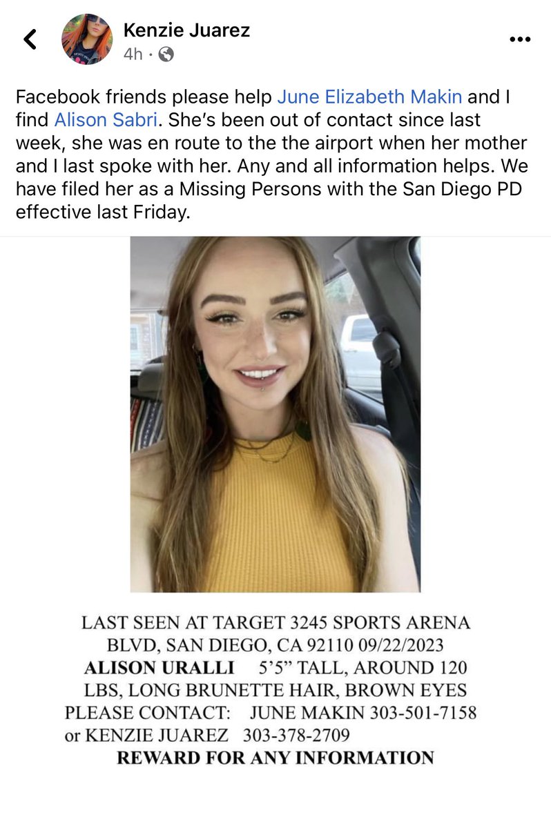 Lauren Lee Malloy (@laurenlee_915) on Twitter photo #MISSING - Alison Uralli - Last seen at Target on Sports Arena Blvd in San Diego, CA. She was on her way to the airport when loved ones last spoke with her and hasn’t been heard from in a week. Please call <a href="/SanDiegoPD/">San Diego Police Department</a> with any info and PLEASE SHARE to help raise awareness. There #MISSING - Alison Uralli - Last seen at Target on Sports Arena Blvd in San Diego, CA. She was on her way to the airport when loved ones last spoke with her and hasn’t been heard from in a week. Please call <a href="/SanDiegoPD/">San Diego Police Department</a> with any info and PLEASE SHARE to help raise awareness. There