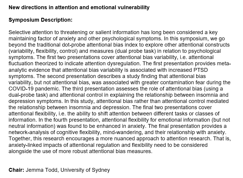 AACBT_org_au's tweet photo. Symposium spotlight for #AACBT23 this October!

Tix:
https://t.co/ihXJNVzH75
Program:
https://t.co/GiBuNGlGGY

Symposium 15 (10264)
New directions in attention and emotional vulnerability https://t.co/nsZZ2YU5SQ