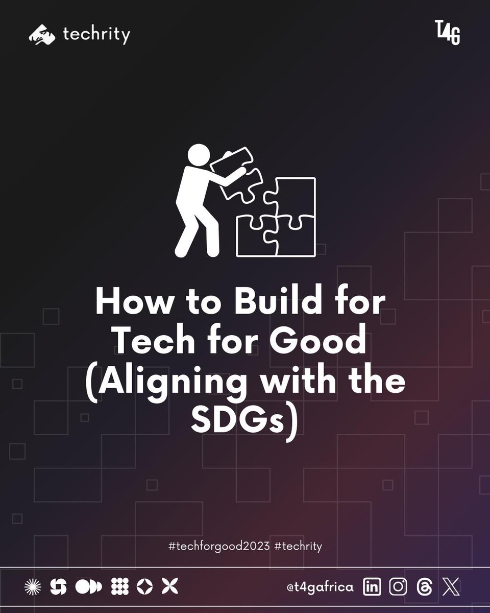techrityorg's tweet photo. How to Build for Tech for Good: Aligning with the SDGs

1 Start with Purpose:
Identify an SDG that resonates with you, like No Poverty, Quality Education, or Clean Energy. Your purpose will drive your tech project's direction.
#techforgood2023 #techrity https://t.co/wW0bUGPGFx