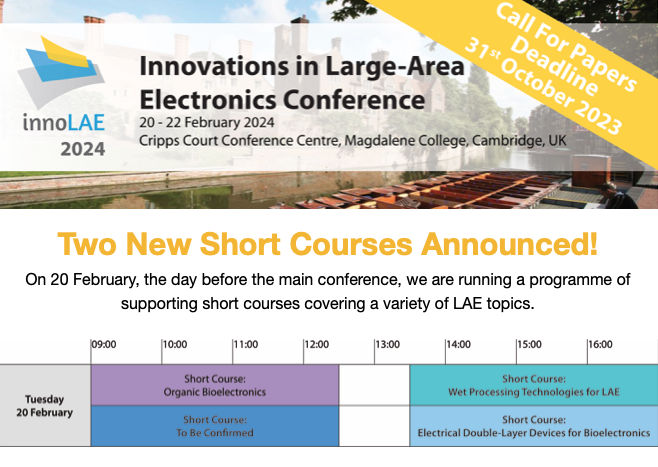innoLAE's tweet photo. Two New Short Courses Announced!
On 20 February, the day before the main conference, we are running a programme of short courses covering a variety of LAE topics.

Find out more at https://t.co/ebcwyxqpBo
#printedelectronics #plasticelectronics #bioelectronics #organicelectronics https://t.co/6ZZxYZhCFZ