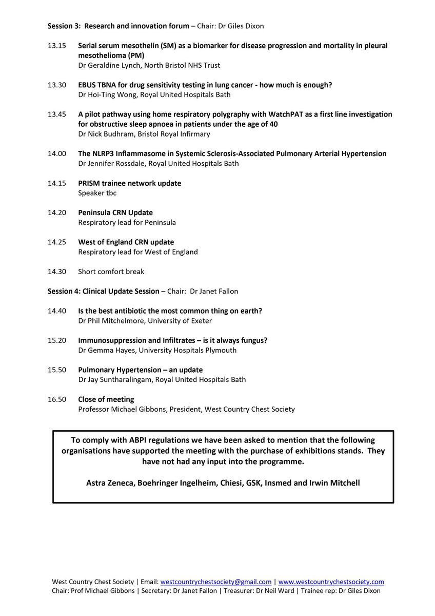 West Country Cheat Society full programme now confirmed! Featuring updates in pulmonary hypertension, alpha-1 anti-trypsin, interventional bronchoscopy, integrated care, respiratory infection and 4 trainee research studies. Tickets still available at westcountrychest.com
