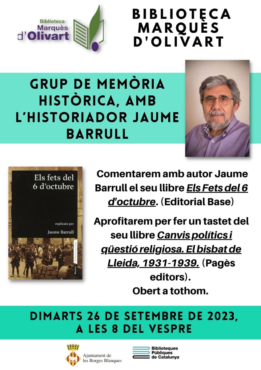 AjBorgesBlanque's tweet image. 📘 Grup de Memòria Històrica amb l'historiador Jaume Barrull, a la biblioteca
📆 26 de setembre
⌚ 20 hores
📍 Biblioteca 

𝗢𝗯𝗲𝗿𝘁 𝗮 𝘁𝗼𝘁𝗵𝗼𝗺!!!
__
#BorgesCultura #BorgesBiblioteca #PepColl #GrupdeLectura