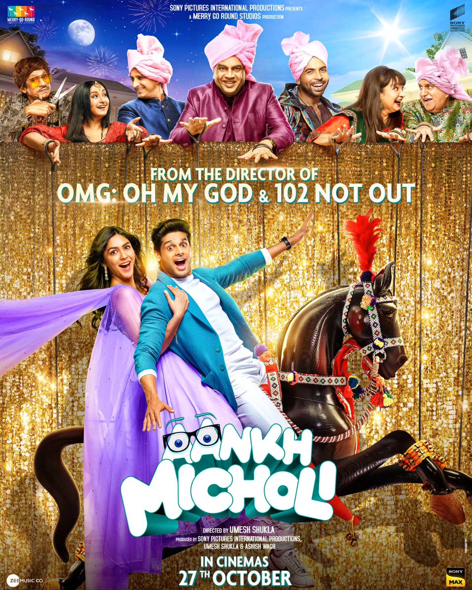 New poster of #AankhMicholi. Trailer Out Today at 4:30 PM.

Starring #AbhimanyuDassani #MrunalThakur #PareshRawal #SharmanJoshi #DivyaDutta #AbhishekBanerjee & #VijayRazz.

Directed by #UmeshShukla.

Releasing in Cinemas on 27th October.