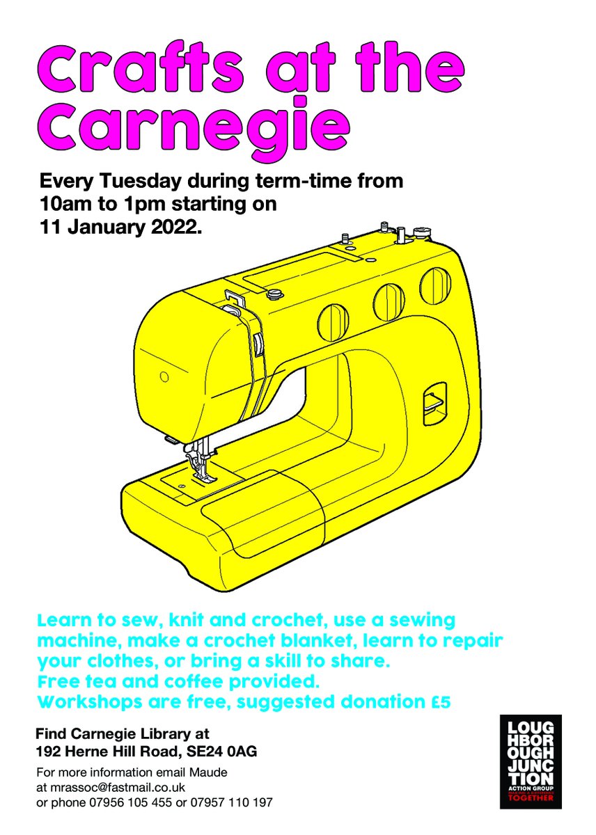 Maude and Hazel's craft workshop is running today @CarnegieLibHub in Herne Hill Road from 10am to 1pm. Use Ferndene Road entrance if arriving before 11am. Plenty of sewing machines if you want to learn how to use for free.  Also #knitting and #crochet and #creativemending.
