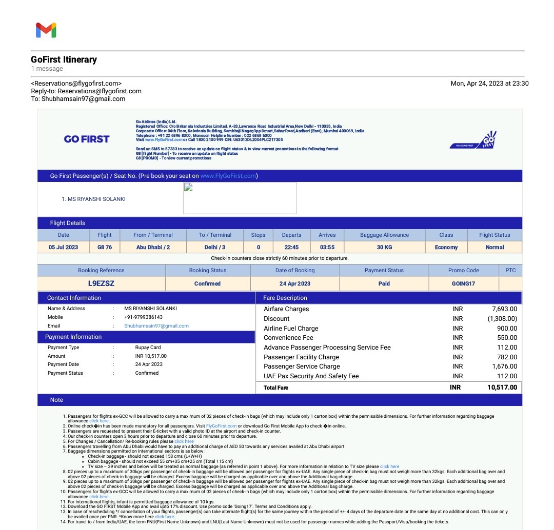 Rohityadav20012's tweet image. @GoFirstairways Sir I have booked a flight thru gofirst on 24 april 2023 . The flight was of 5th july . I paid 10517 indian rupees and unfortunately the flight was cancelled by the airlines. Till now I didn't get back my refund. I request you to initiate my refund as soon as poss
