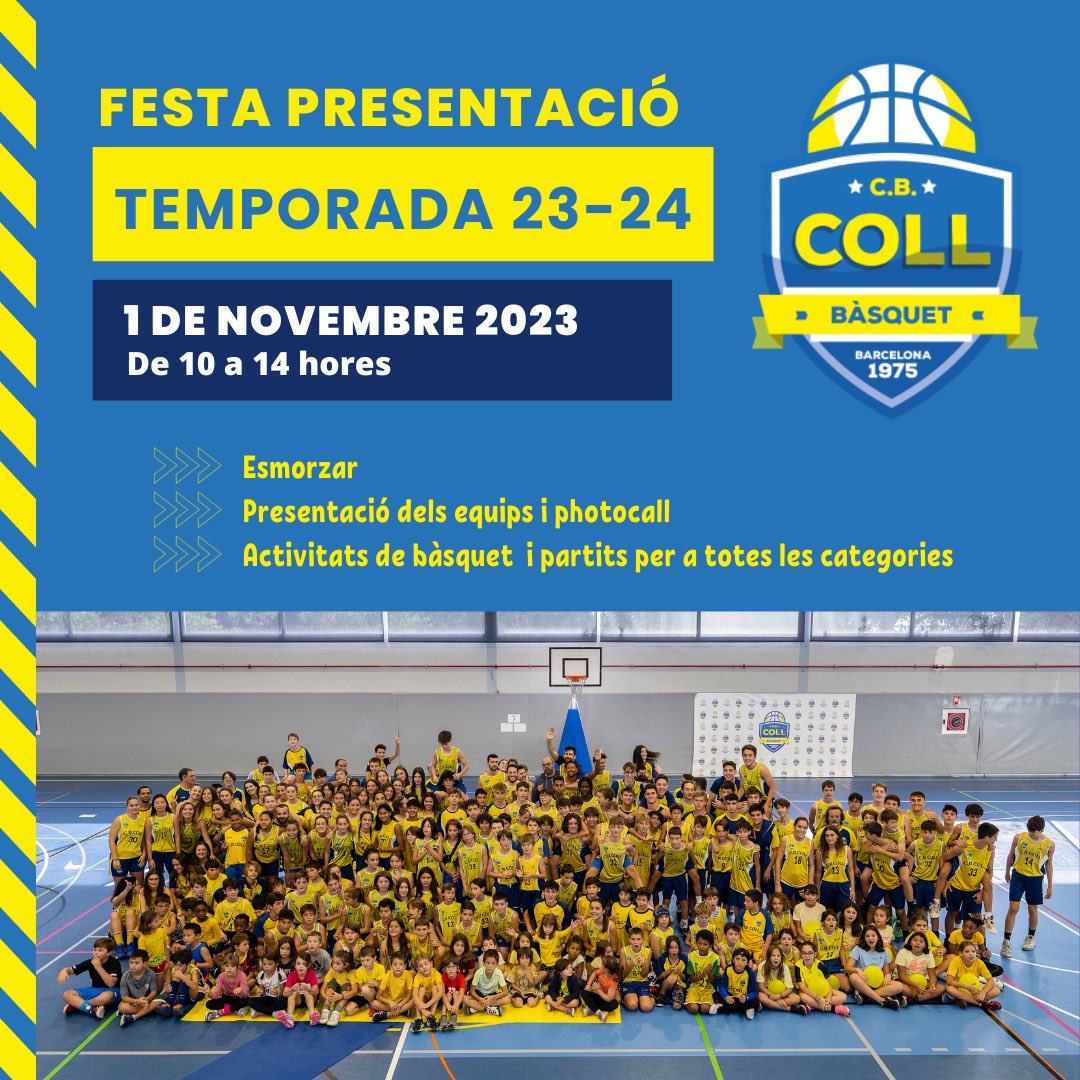 🎉🎉Dimecres 1 de novembre de 10.00 a 14.00 hores tindrà lloc la festa de presentació de la temporada 23-24 al pavelló de la Creueta del Coll.
 
🏀Hi haurà esmorzar, farem la presentació dels equips i es realitzaran les fotografies al photocall. 

💛Us esperem a tots i totes!! 💙