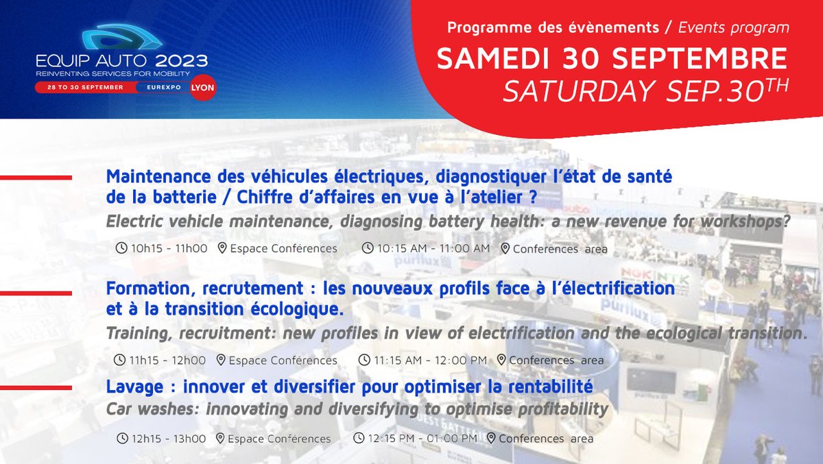 The #EQUIPAUTO Lyon exhibition is fast approaching!   Attend one-of-kind conferences to gain a better understanding of the sector's current and future challenges! 🚗  
👉Full programme for 30/09 right here : lyon.equipauto.com/fr/programme-c… 

🎟 bit.ly/EA-LyonVisiter… 
📆 28-30 Sept.