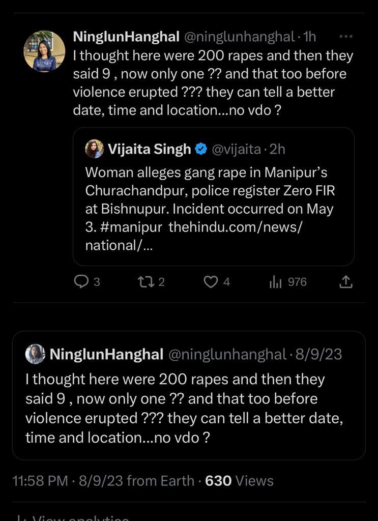 meiteiheritage's tweet photo. ❗️ Shocked and distressed to see  insulting and mocking comments from members of the #Chin #Kuki community over cold blooded murder of #Meitei students Linthoingambi Hijam and  Phijam Hemanjit.  #CrimesAgainstManipur #ZRAXposed #Manipur #Justice4LinthoiHemanjit   

❗️This is a reflection of a society, that is rotten inside and humanity is dead. 

❗️It is time people face the truth and own up. When the horrible viral video incident happened, we stood up and strongly demanded highest action, whereas when the gang rape of a Meitei woman happened,  a #kuki journalist wanted to see her video evidence. 

 @NBirenSingh   @adgpi @Spearcorps @WEAnews @AskAnshul @AbhijitChavda @ramindesai  @RajatSethi86 @DivyaSoti  @HinduAmericans @DrSanjaysinghK  @UnSubtleDesi @pushkal_dwivedi  @VeteranLNSingh @OpIndia_com @NMukherjee6 @adastra909 @IndiaTodayNE @vijaita @TanushreePande @sardesairajdeep