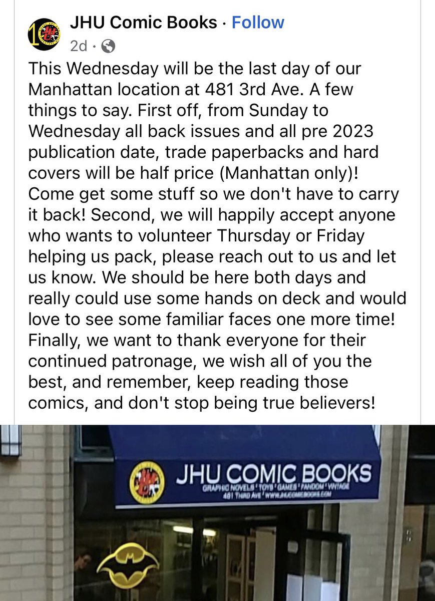 mrmarkmillar's tweet photo. Jim Hanley's store in New York is closing! UNTHINKABLE news and surely to God a wake up call to the Big 2. Marvel, DC and all the US indie companies ADDED TOGETHER are now 9% of the American domestic market. How does this happen when the characters are more famous than ever? https://t.co/5QQnbZvoUe