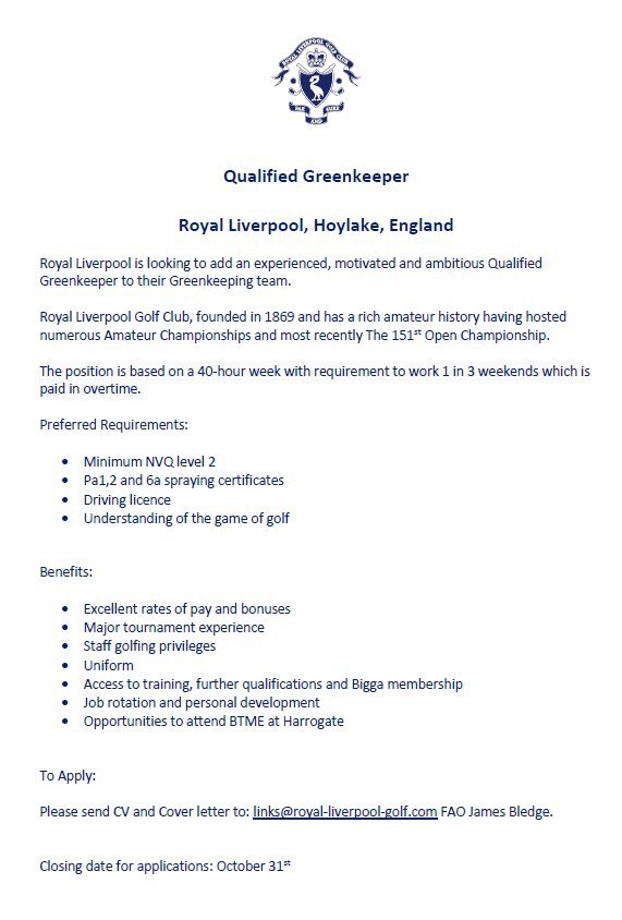 JamesBledge's tweet image. A fantastic opportunity has arisen @RLGCHoylake to join our team. Please feel free to re post.